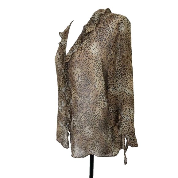 CHICO'S DESIGN 100% Silk Blouse Top Size 1 Animal Print Semi-Sheer Ruffle Front - Picture 3 of 6